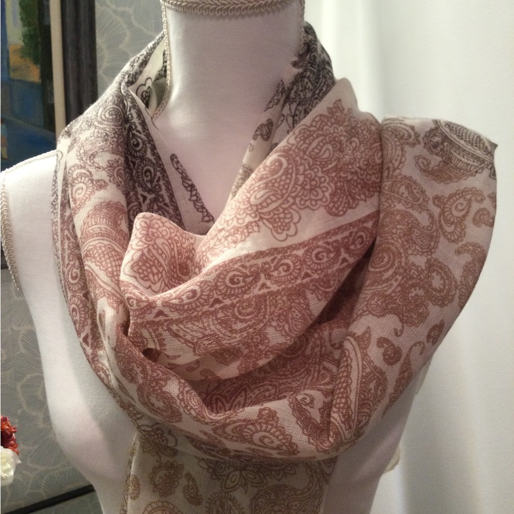 PRICE DROP! Elegant Paisley Scarf in Blush Pink, Cream, and Gray
